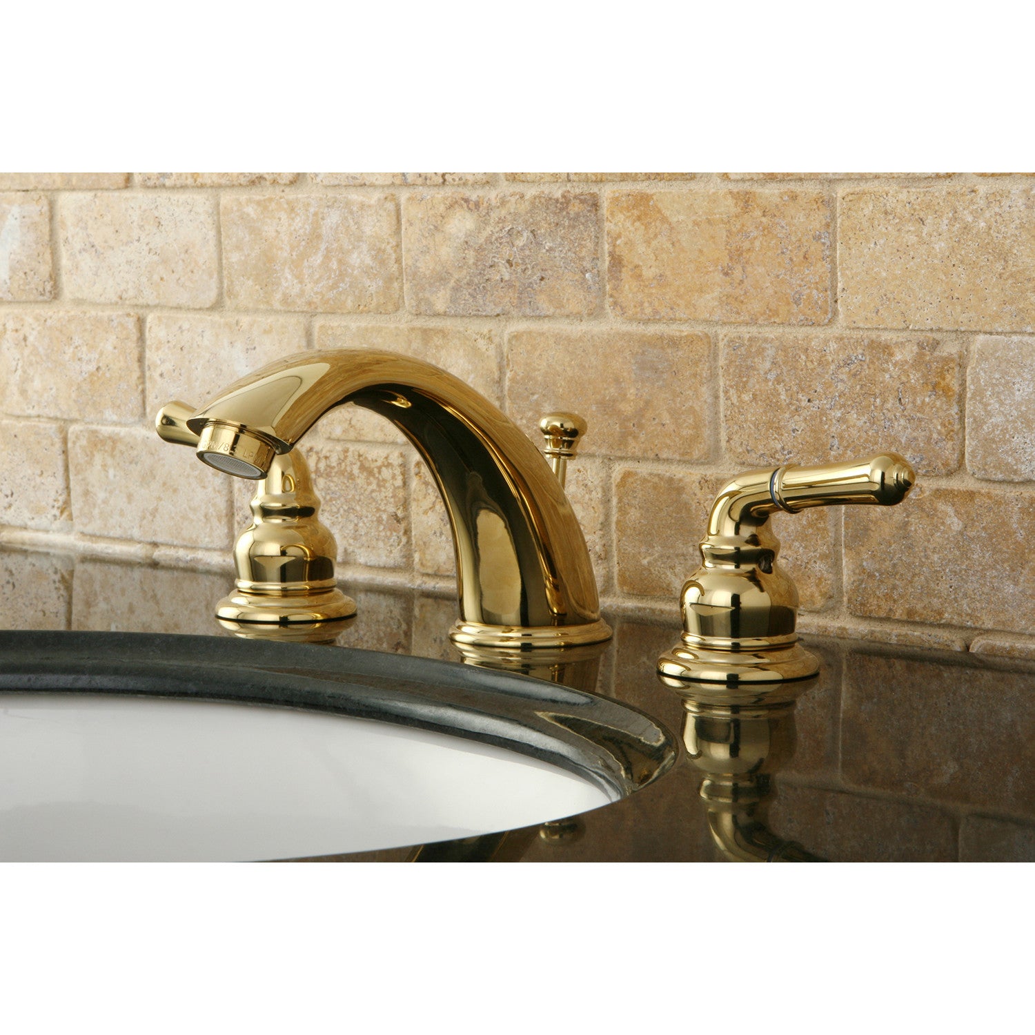 Kingston Tulare KB962 - Magellan Two-Handle 3-Hole Deck Mount Widespread Bathroom Faucet with Pop-Up Drain, Polished Brass — thumbnail 3